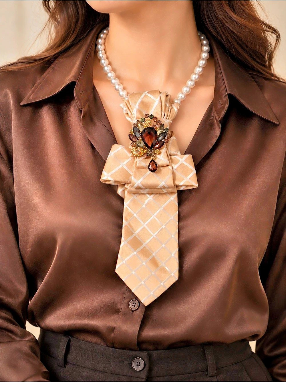 Handmade Champagne Plaid Necktie Statement Necklace with Pearls & Jeweled Brooch